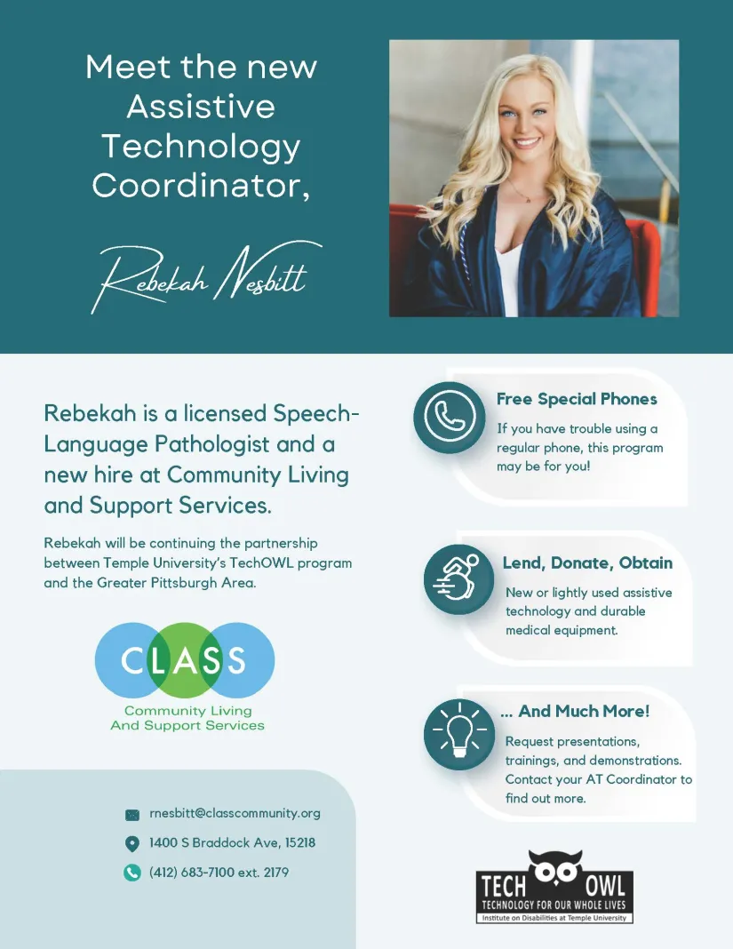 Teal header with an image of Rebekah Nesbitt. Rebekah has blonde hair, blue eyes, and is wearing a black shirt. Bottom of flyer is light teal and explains TechOwl services and information about Bekah.